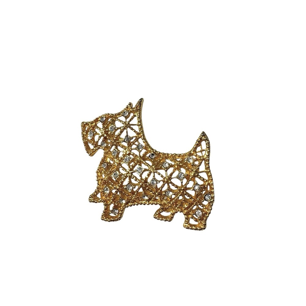 Vintage Gold Tone Rhinestone Webbed Design Scottish Terrier Dog Brooch Pin